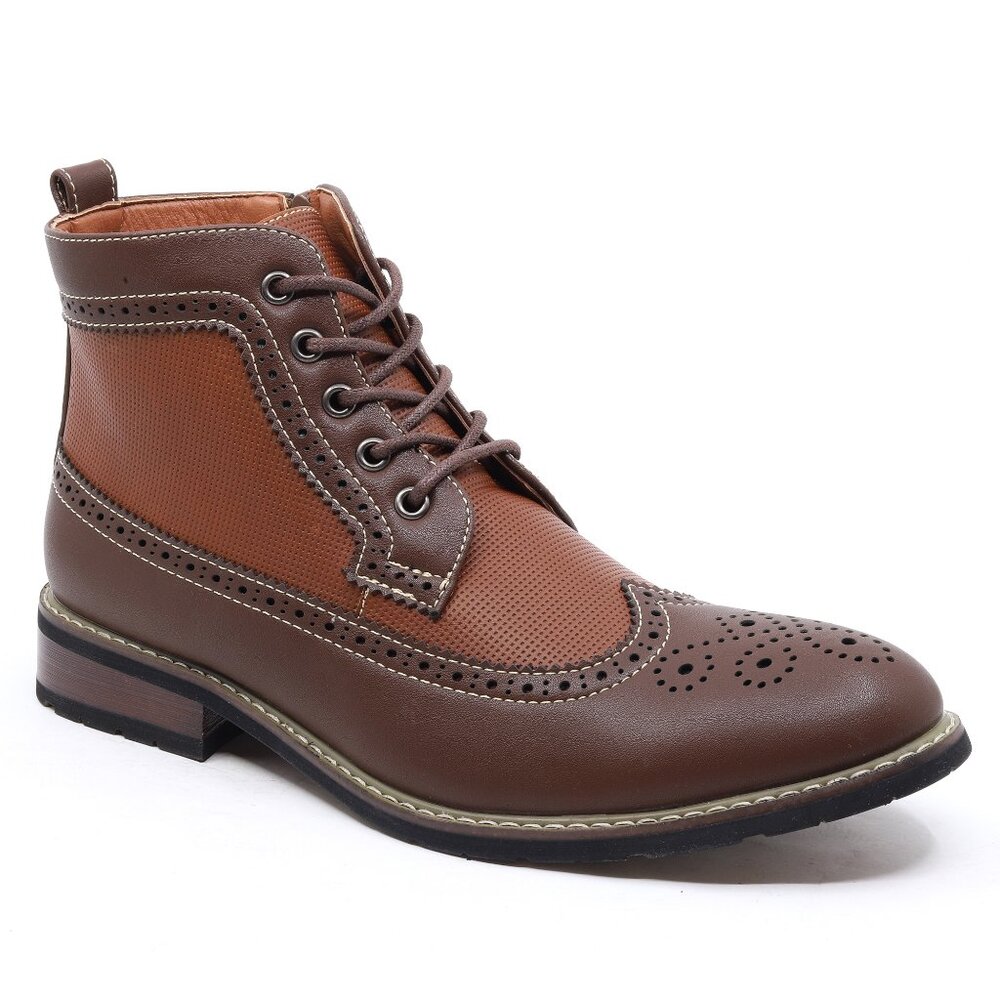 Men's Brown Two-Tone Wingtip Brogue Ankle Boots, Lace-Up with Perforated Detail